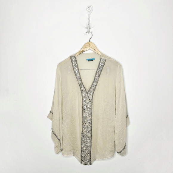 Alice + Olivia Tops - ALICE + OLIVIA Hyde Embellished Kimono Tunic beige 100% silk y2k womens small s